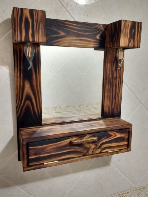 mueble baño con luces de madera reciclada de palet